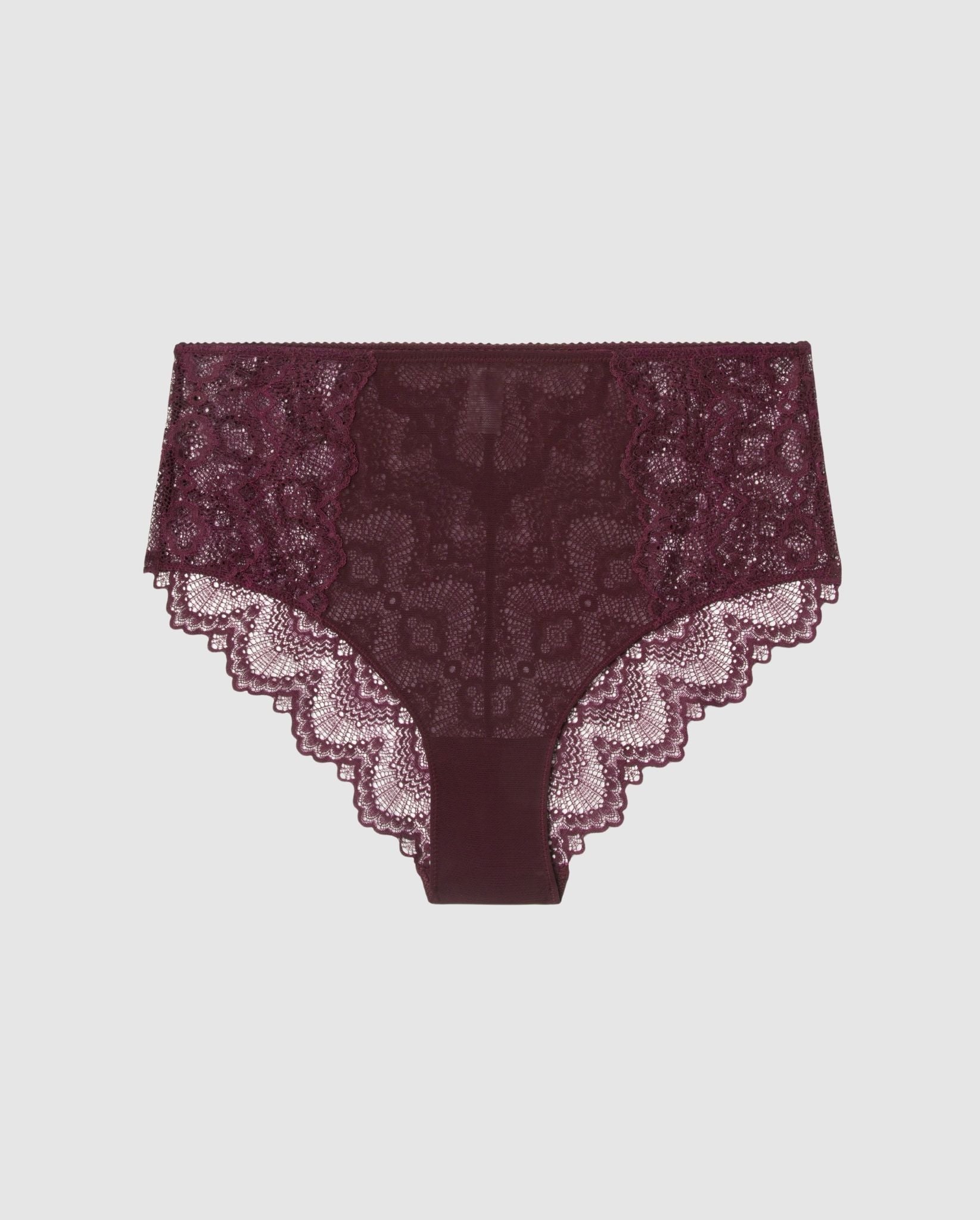 An highwaist lace Bikini brief with a cherry design. 