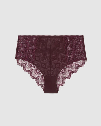 An highwaist lace Bikini brief with a cherry design. 