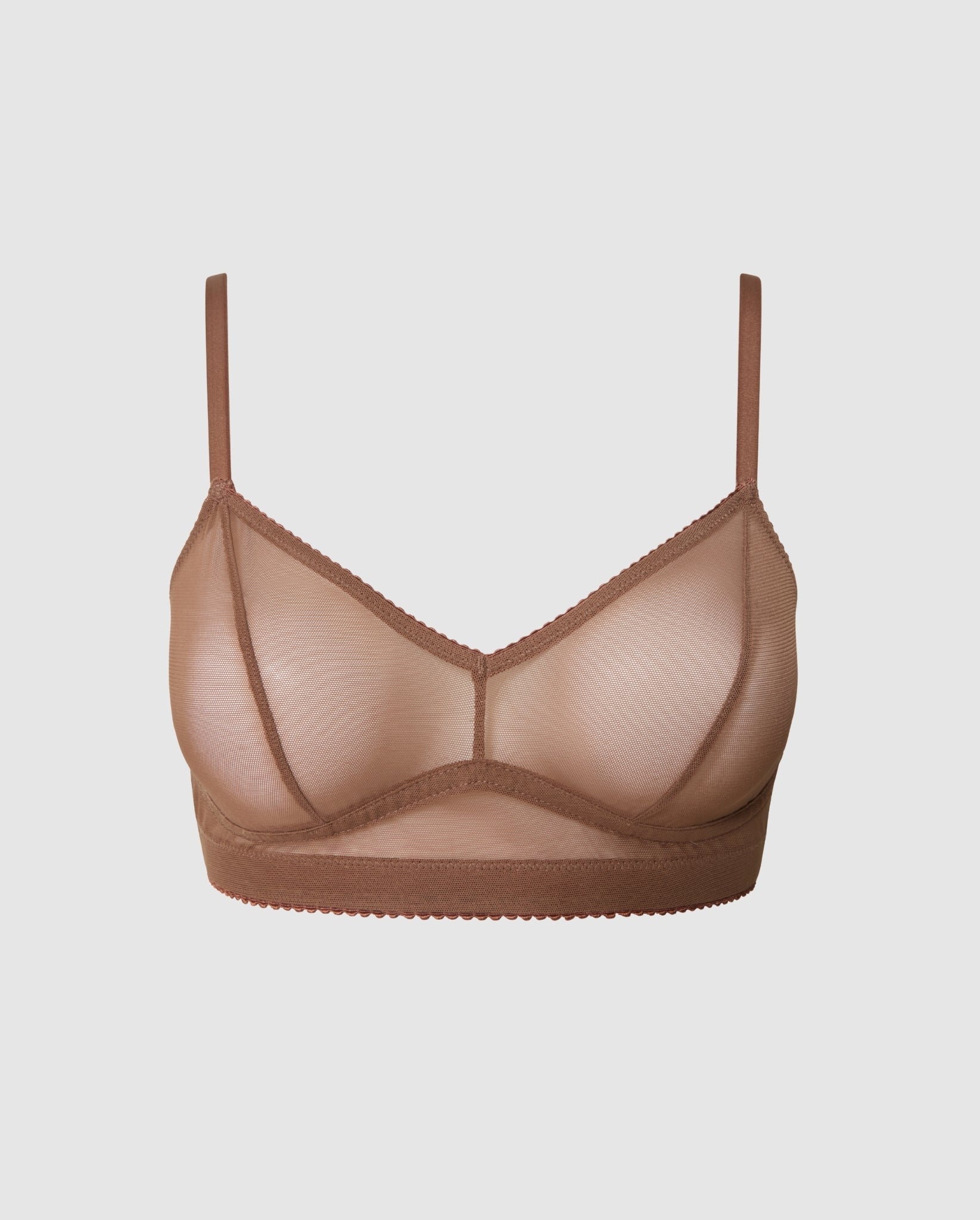 An wire-free mesh balconette in a mocha design. 