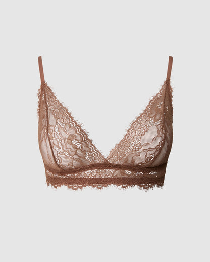 An lace triangle shaped bralette in the color mocha.