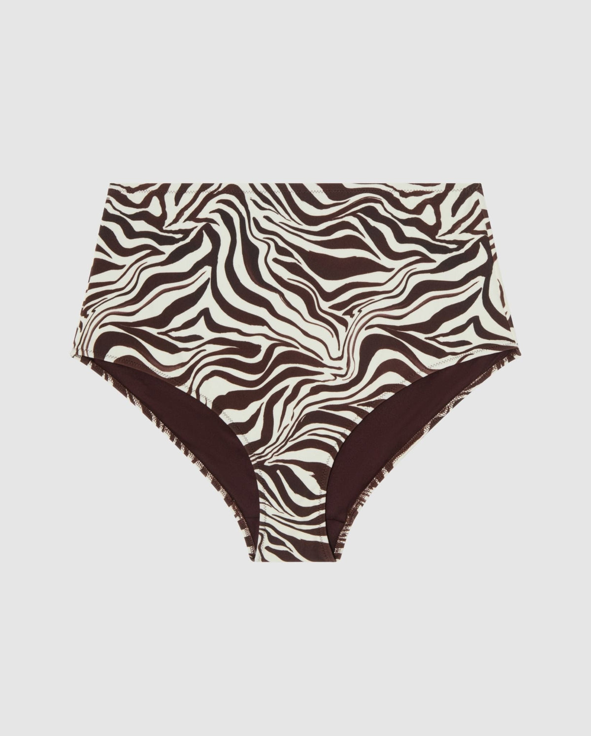 An high-waist bikini bottom in a zebra print.