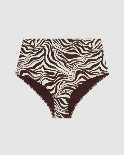 An high-waist bikini bottom in a zebra print.