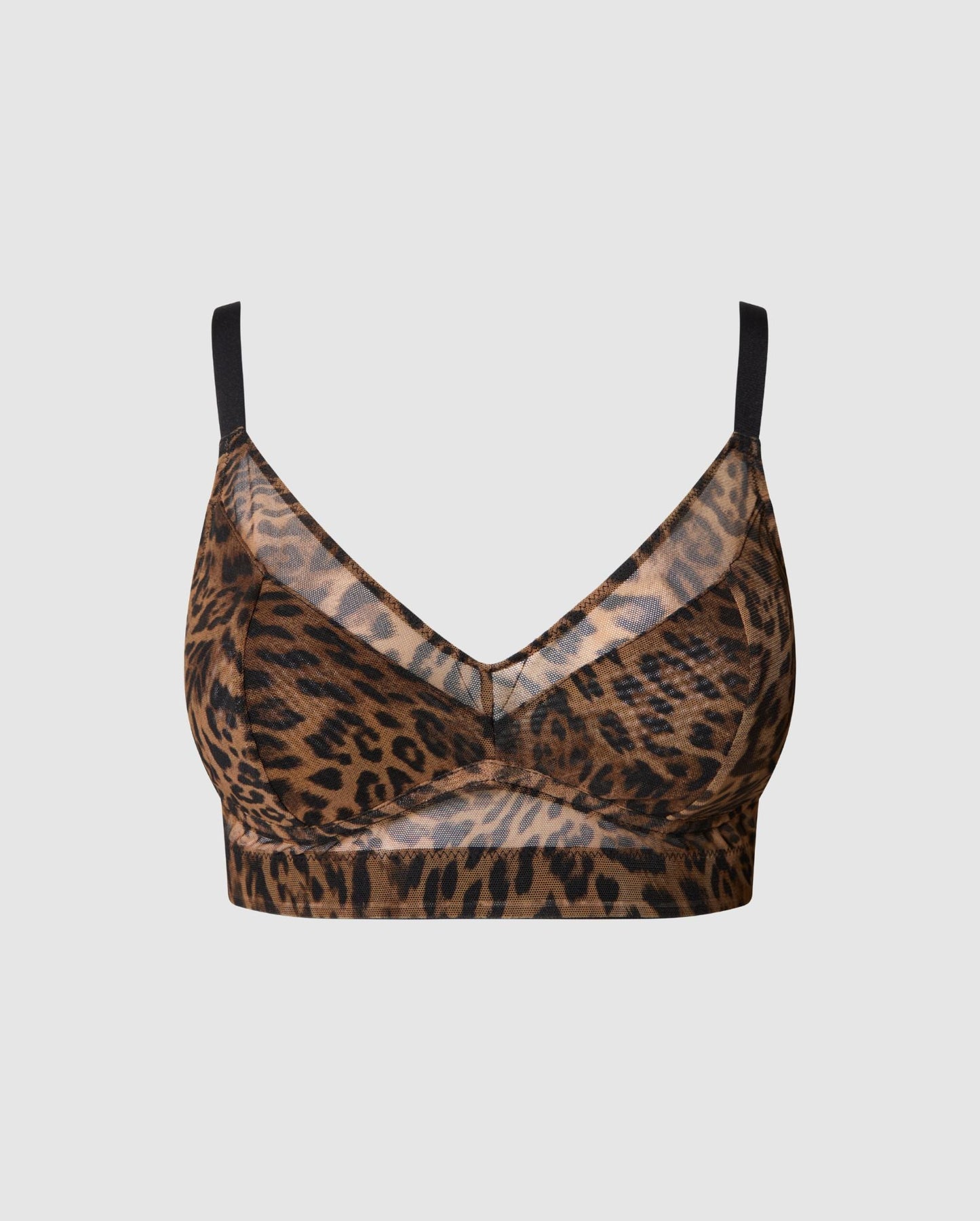 A Mesh Bralette with extra support for bigger cups in a dark leopard color.