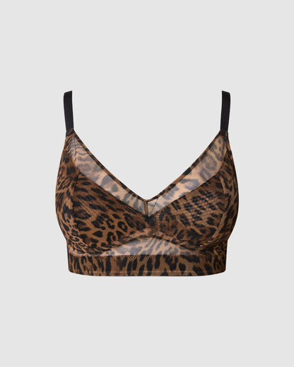 A Mesh Bralette with extra support for bigger cups in a dark leopard color.