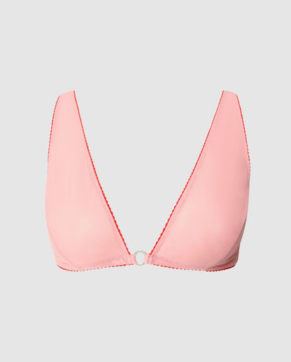 An mesh bralette in a plunge, v-neck design in pink rose peach.