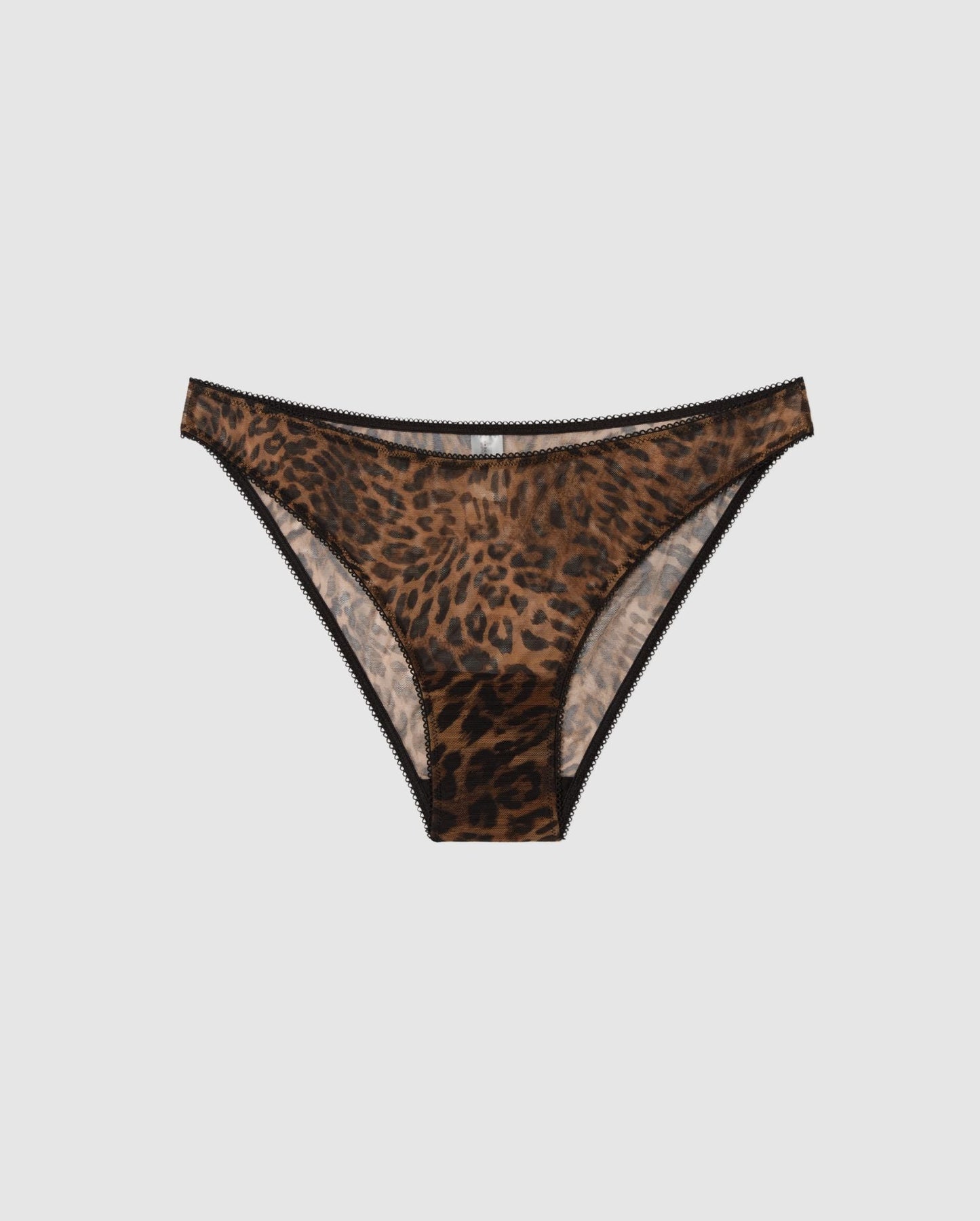 An Mesh Bikini brief with a dark leopard print design. 