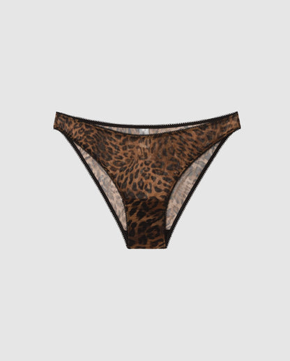 An Mesh Bikini brief with a dark leopard print design. 