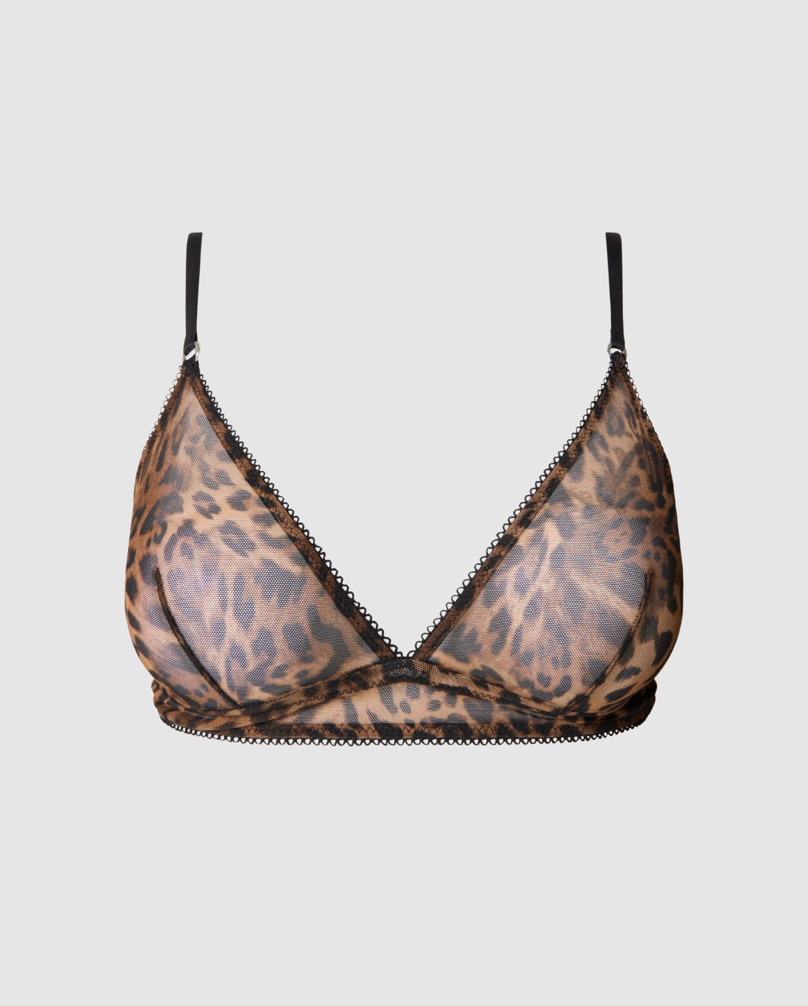 An leopard print triangle shaped bralette in mesh.