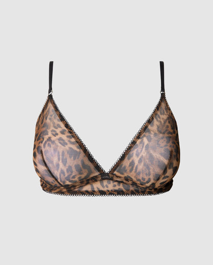 An leopard print triangle shaped bralette in mesh.