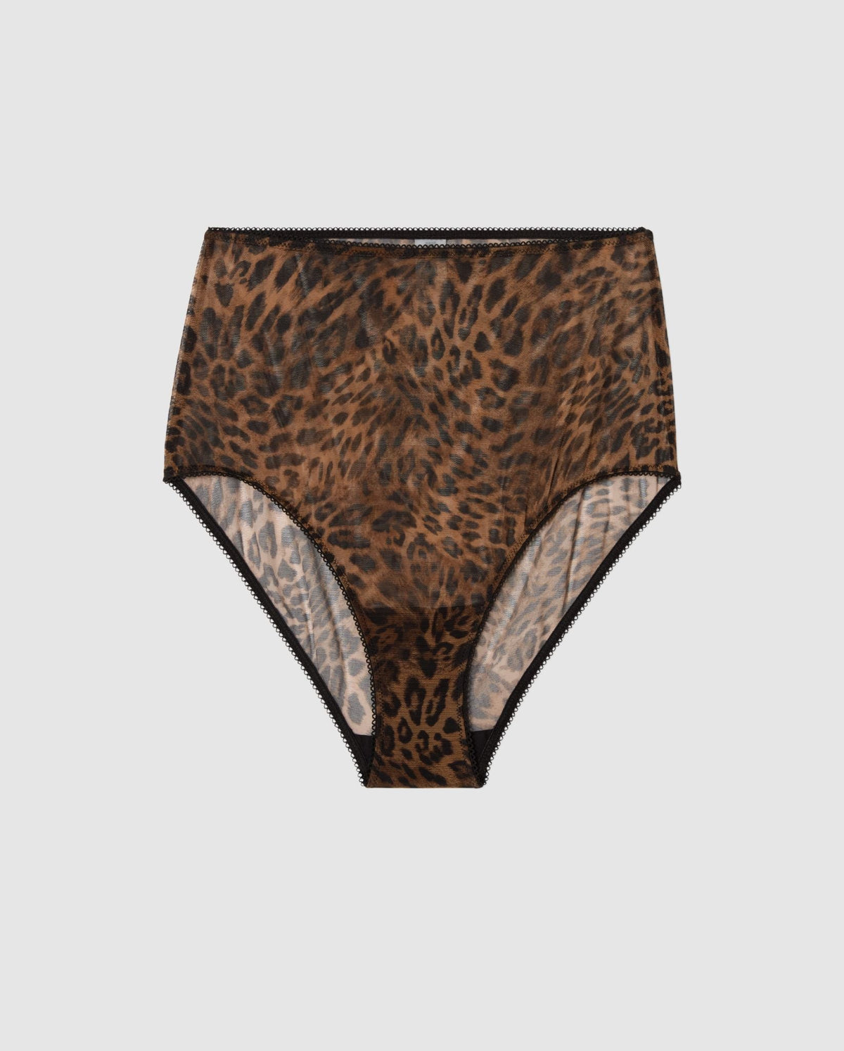 An High-waist Mesh Bikini brief with a dark leopard design. 