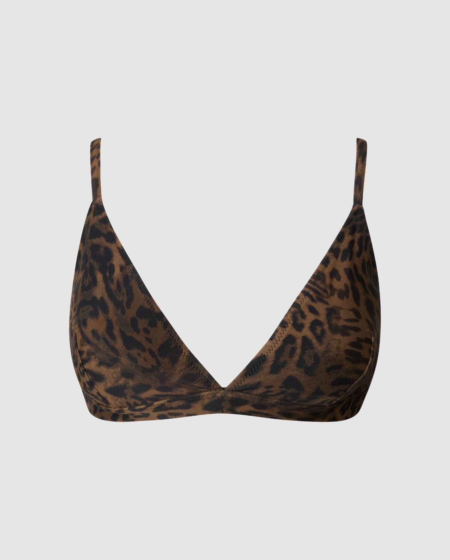 An triangle bikini top in a leopard print.