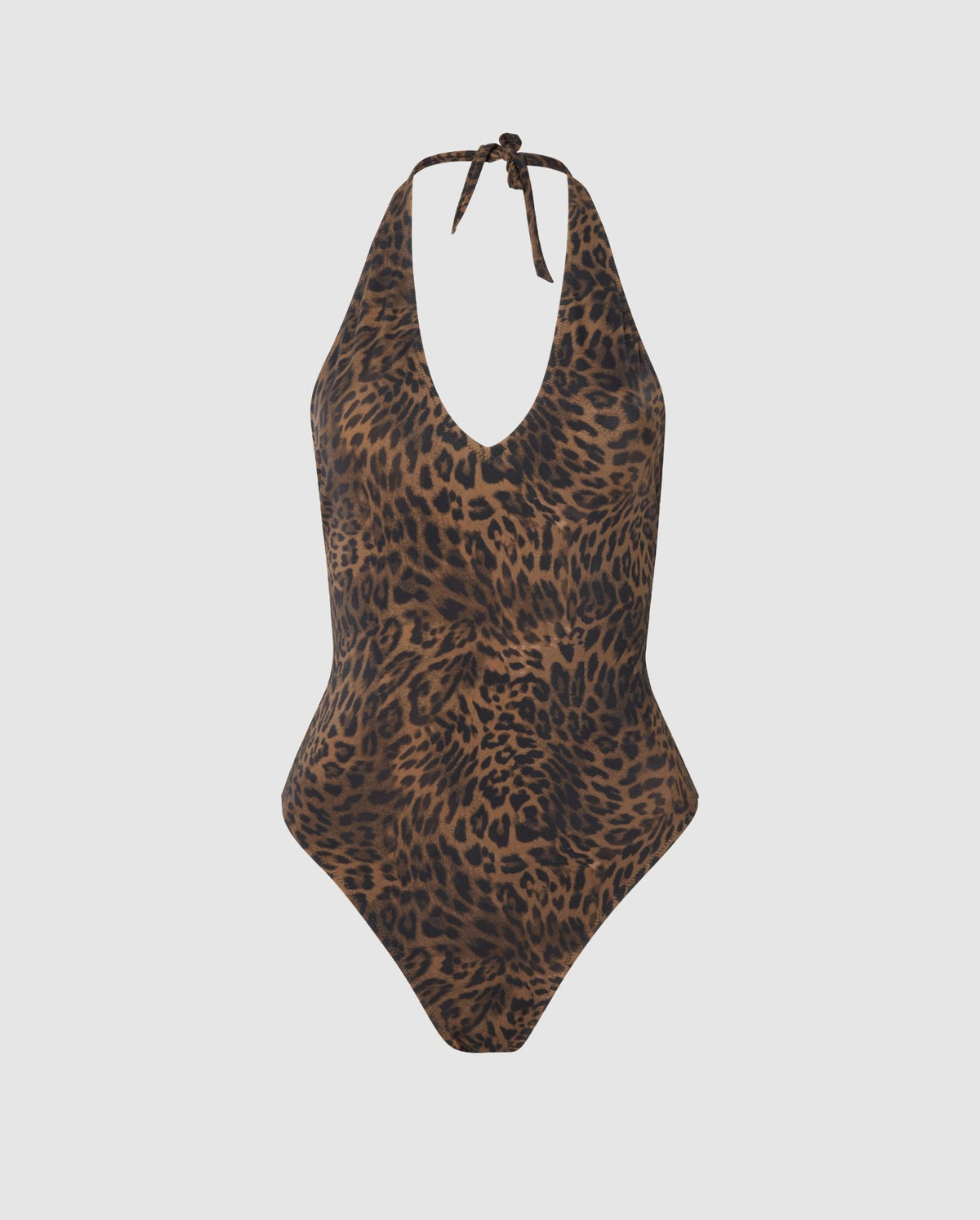 An halterneck swimsuit in a leopard print.