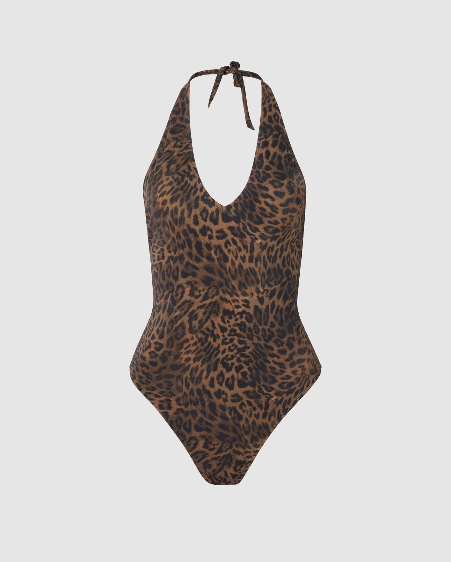 An halterneck swimsuit in a leopard print.