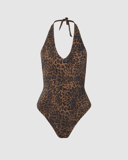 An halterneck swimsuit in a leopard print.