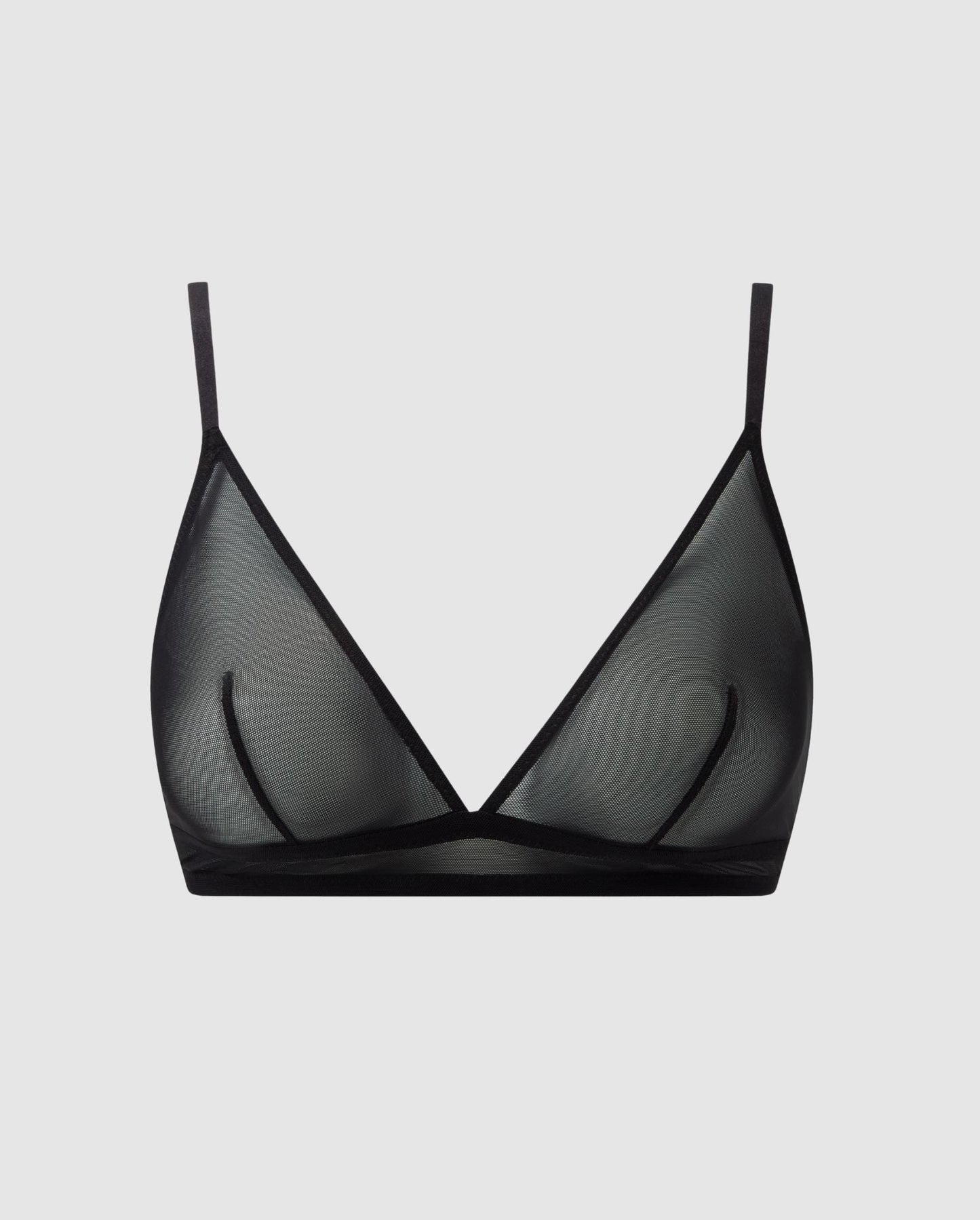 An black, triangle shaped bralette in mesh.