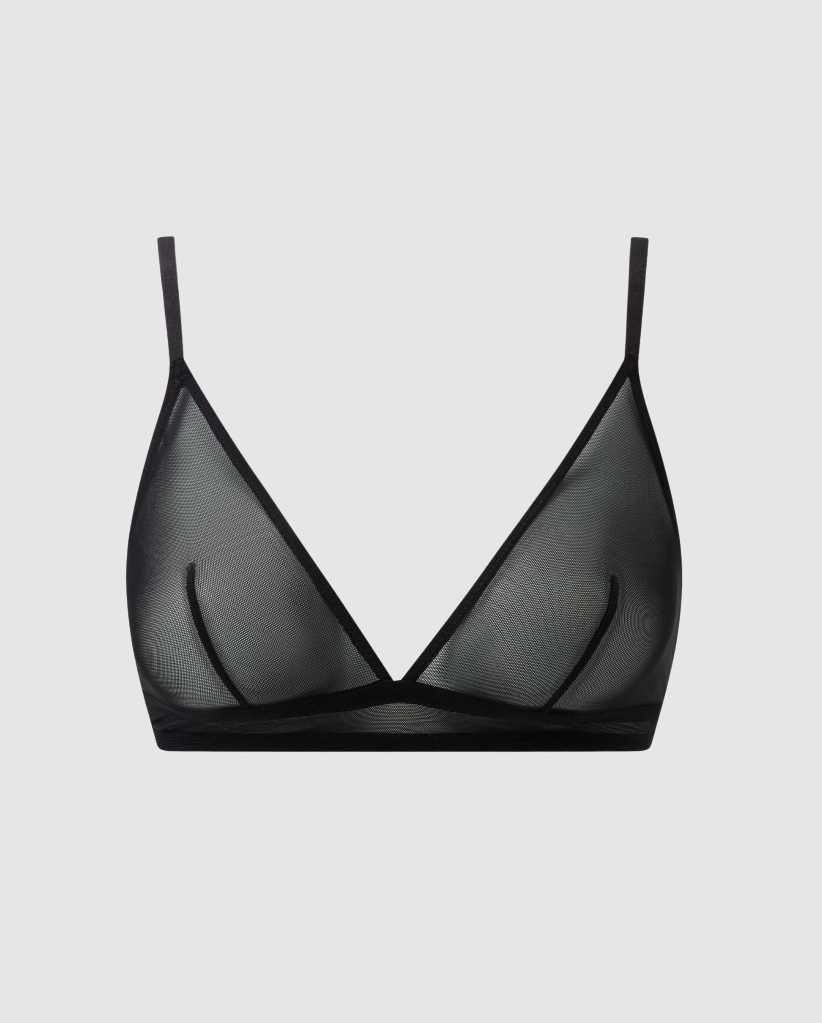 An black, triangle shaped bralette in mesh.