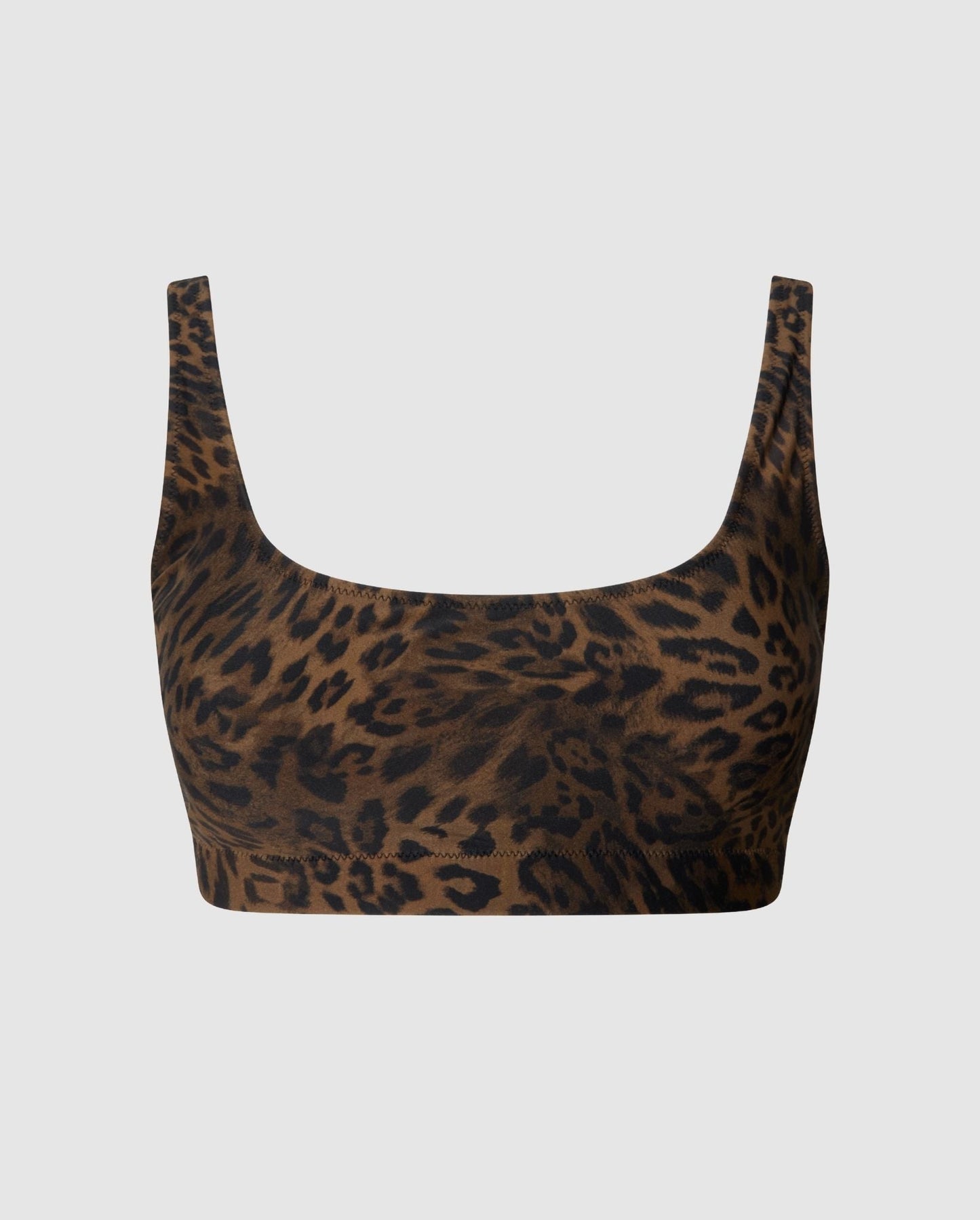 An adjustable scoop bikini top n a leopard print.