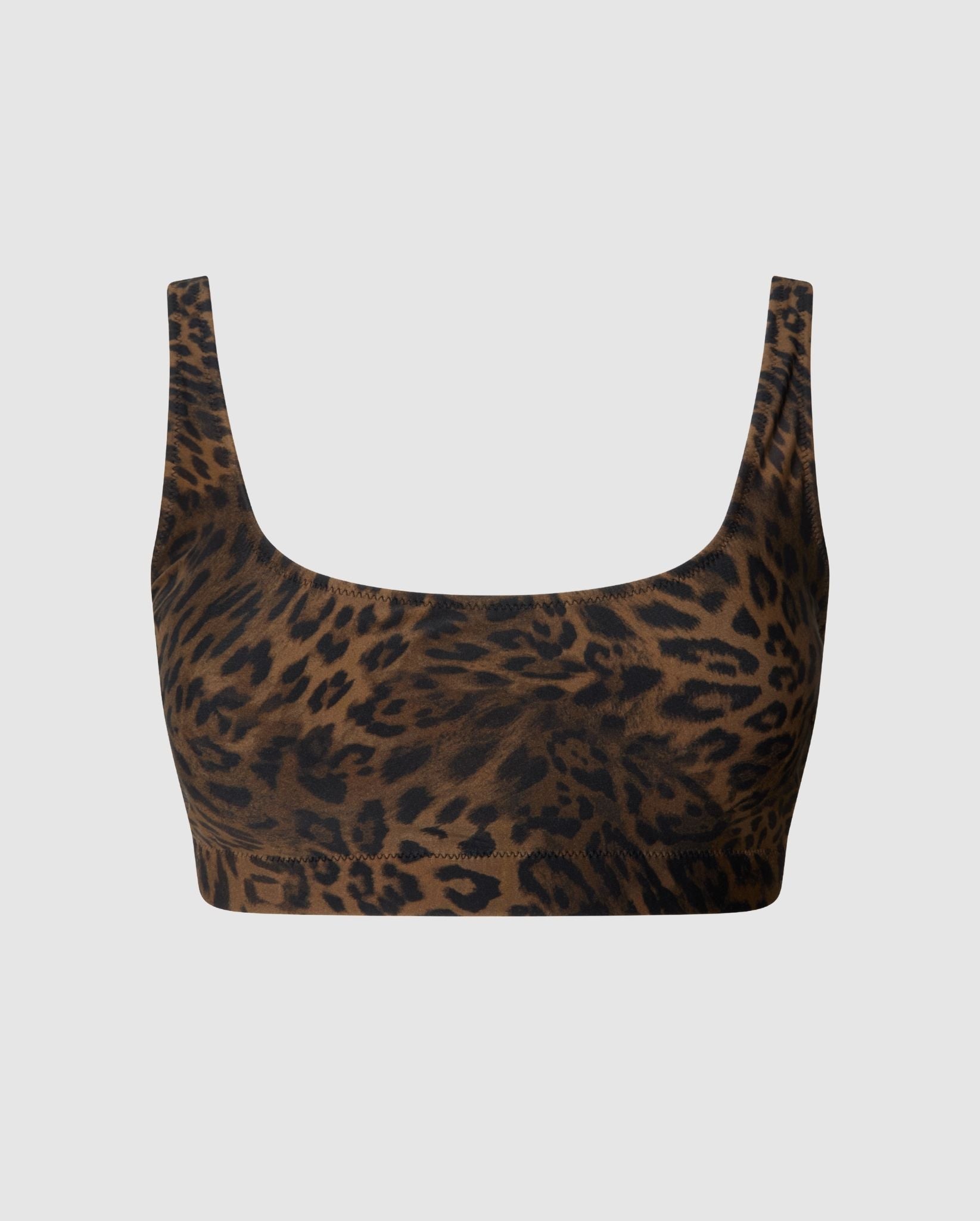 An adjustable scoop bikini top n a leopard print.