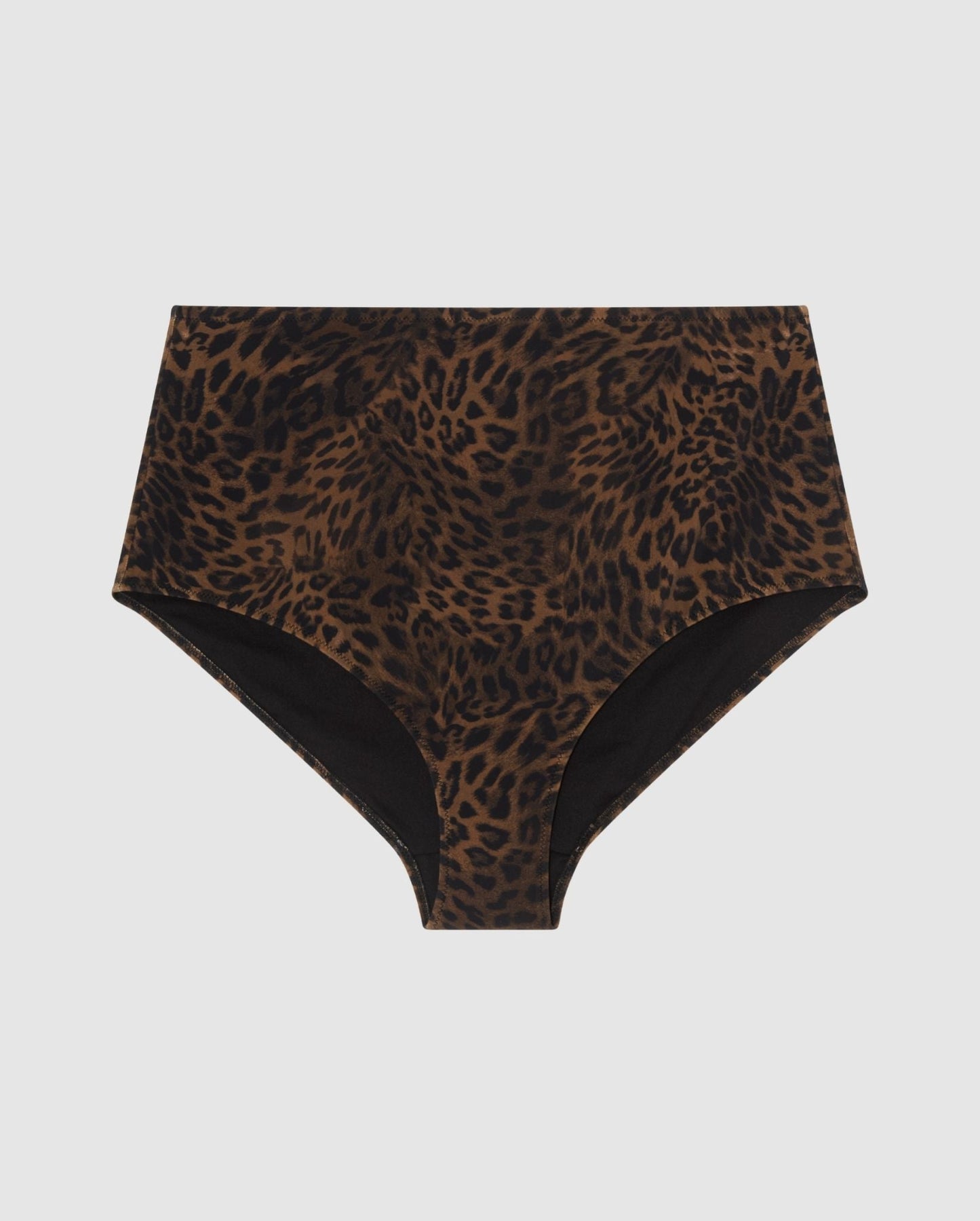 An high-waist bikini bottom in a dark leopard print.