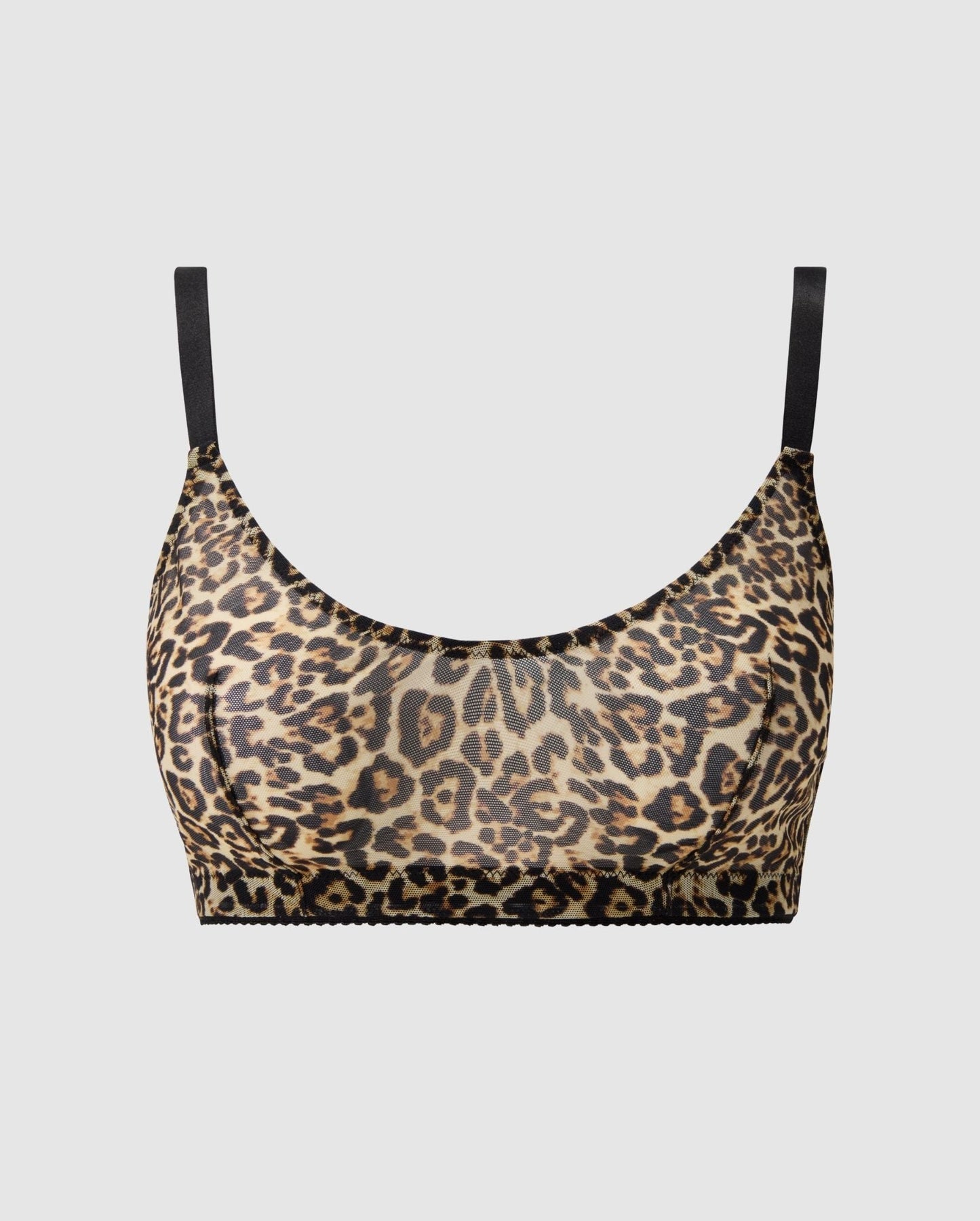 An medium cover scoop bralette in mesh with an leopard print design.  
