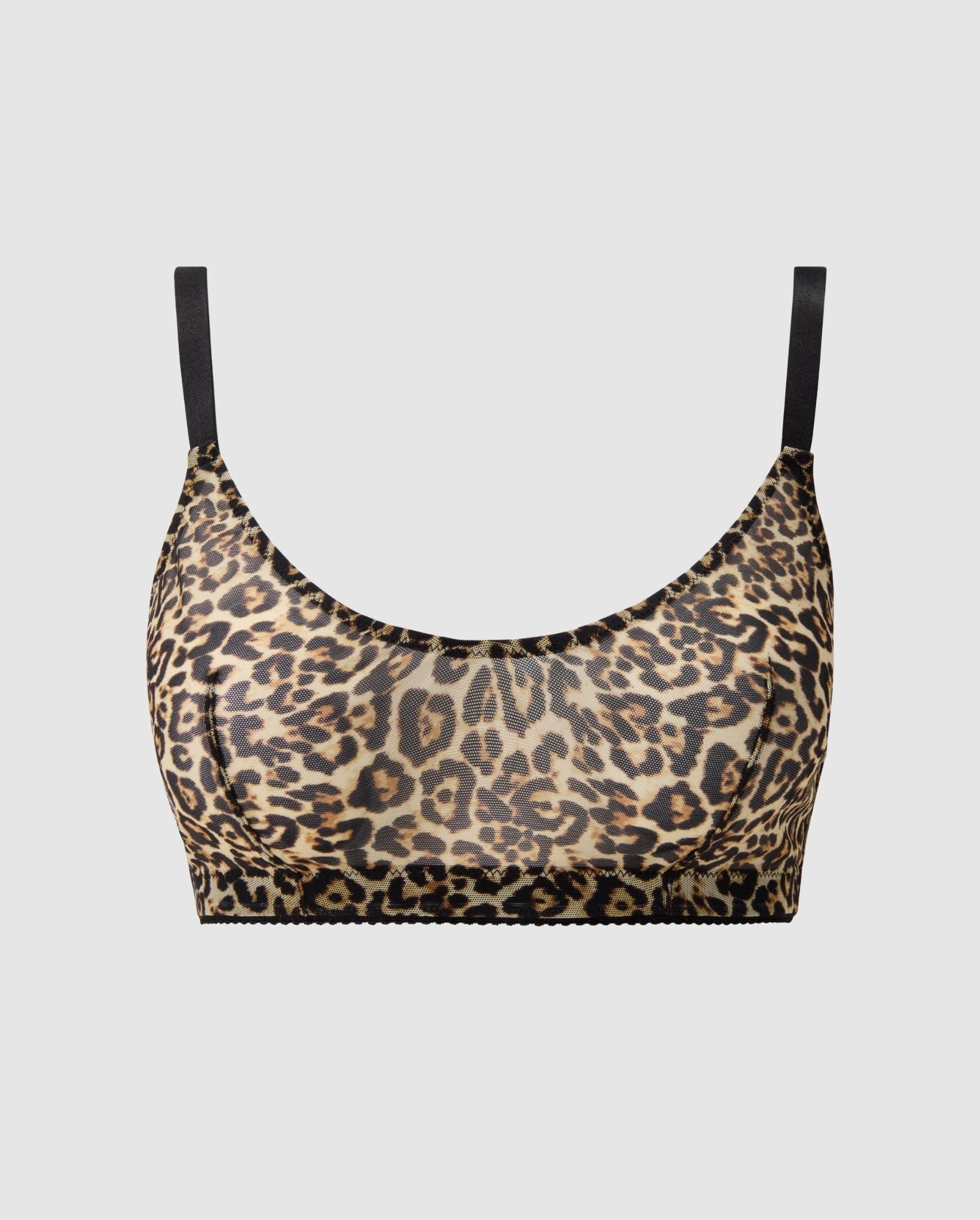An medium cover scoop bralette in mesh with an leopard print design.  