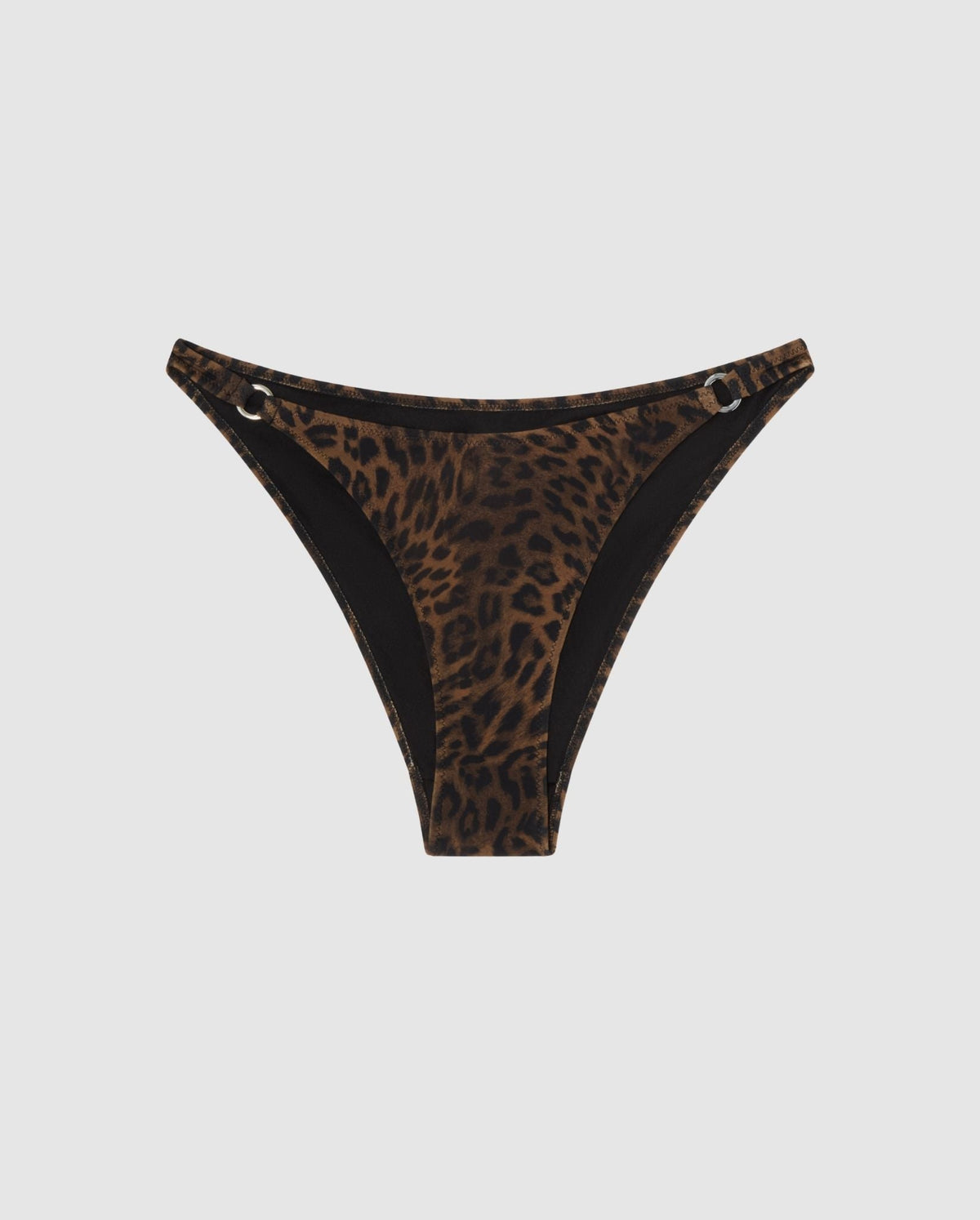 An leopard print bikini bottom with ring accessories.