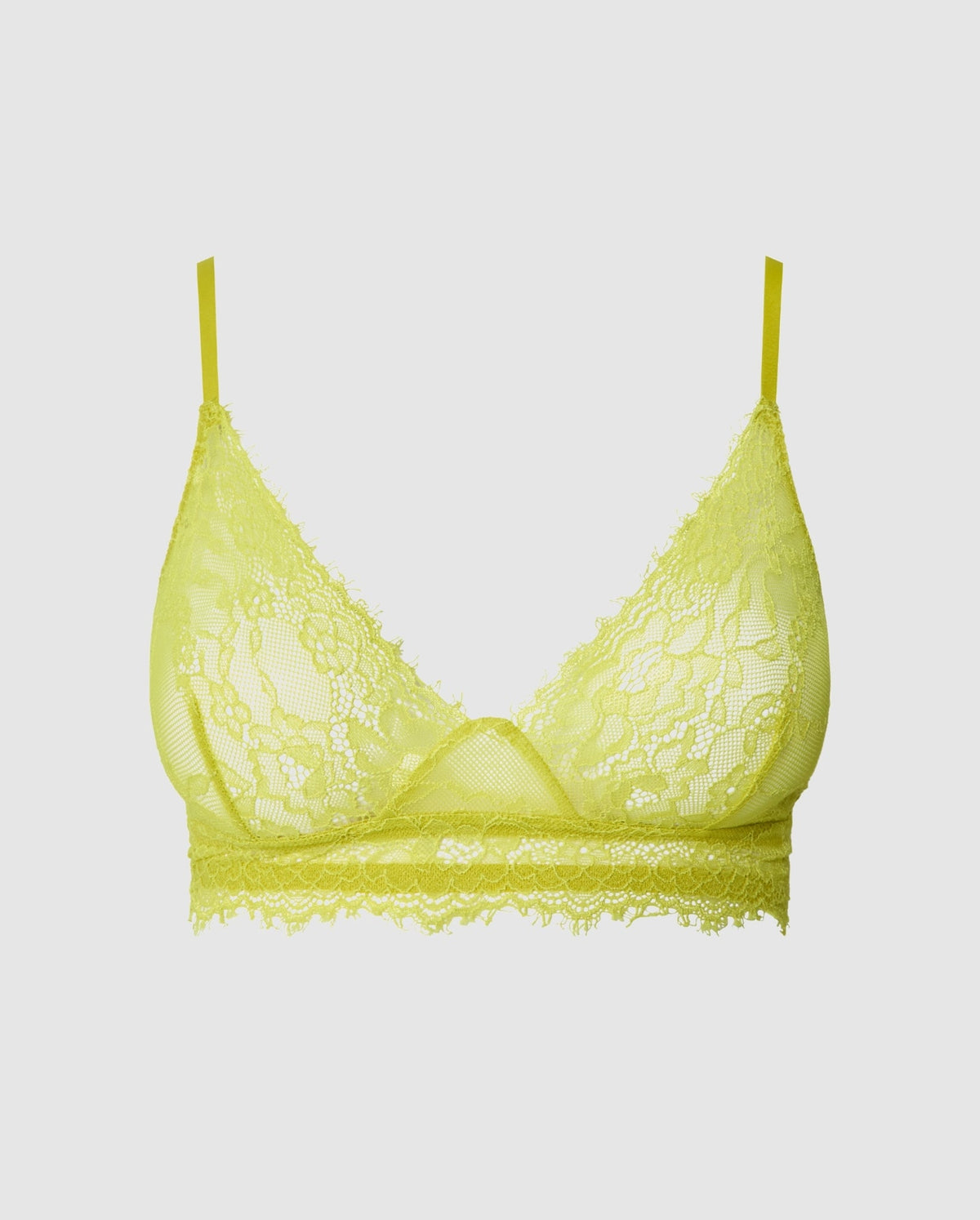 An triangle lace bralette in the color citrus yellow.