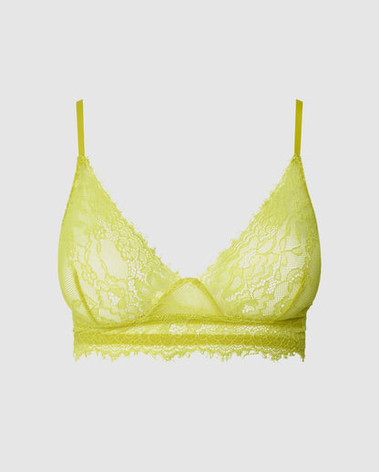 An triangle lace bralette in the color citrus yellow.
