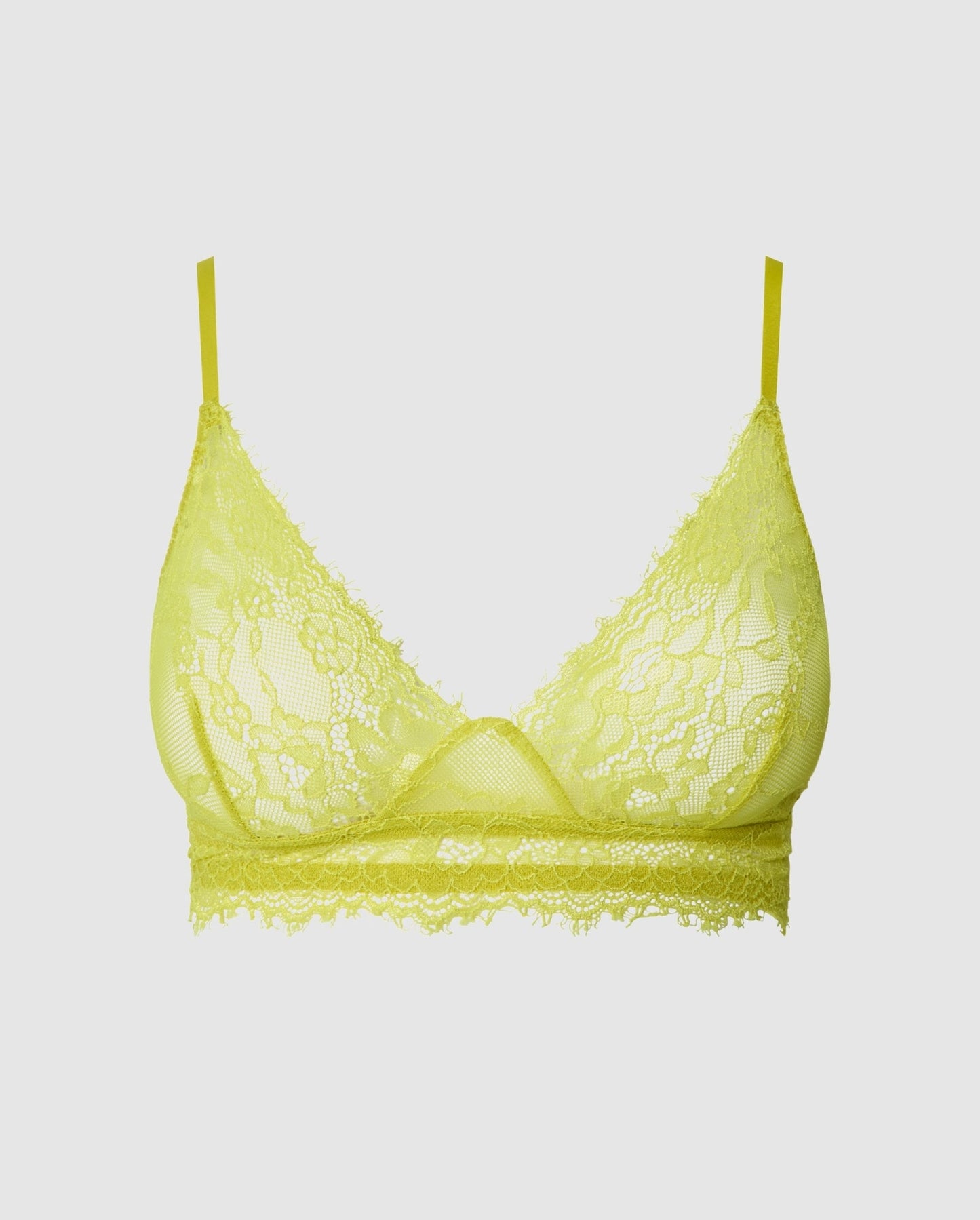 An triangle lace bralette in the color citrus yellow.