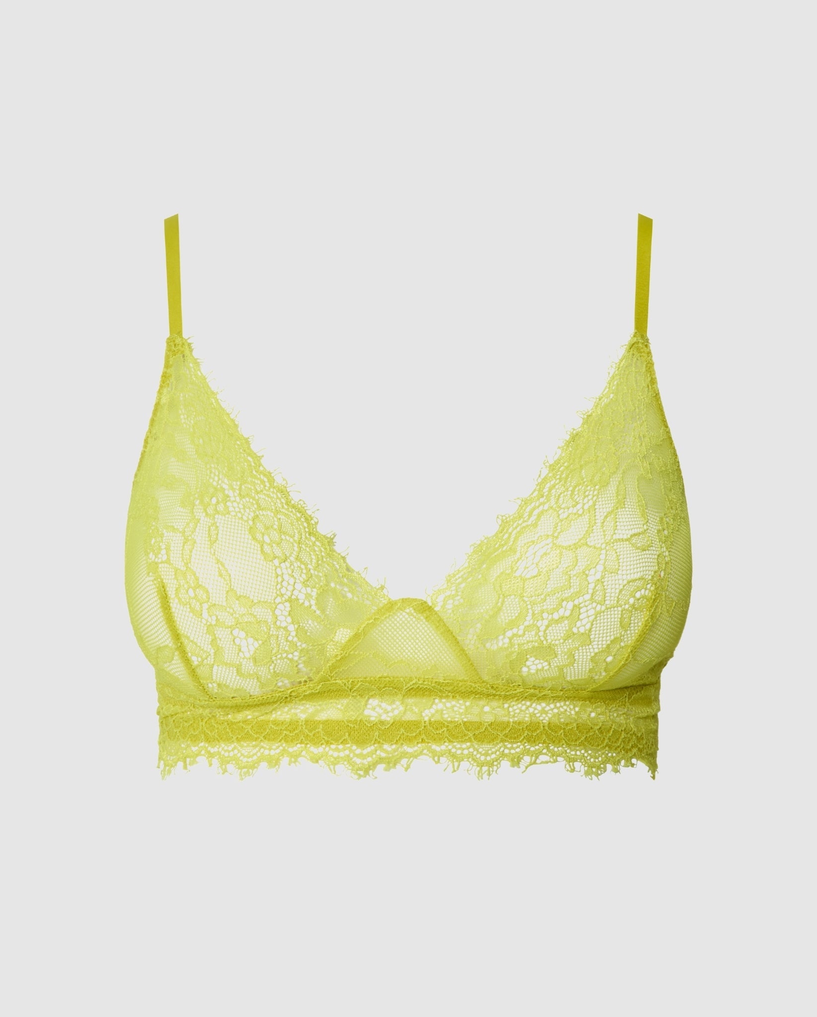 An triangle lace bralette in the color citrus yellow.