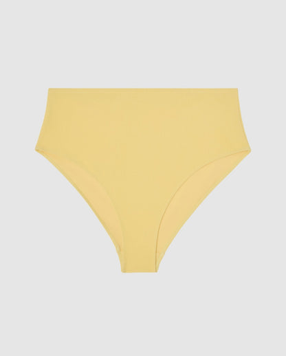 An high-waist bikini bottom in buttery yellow.
