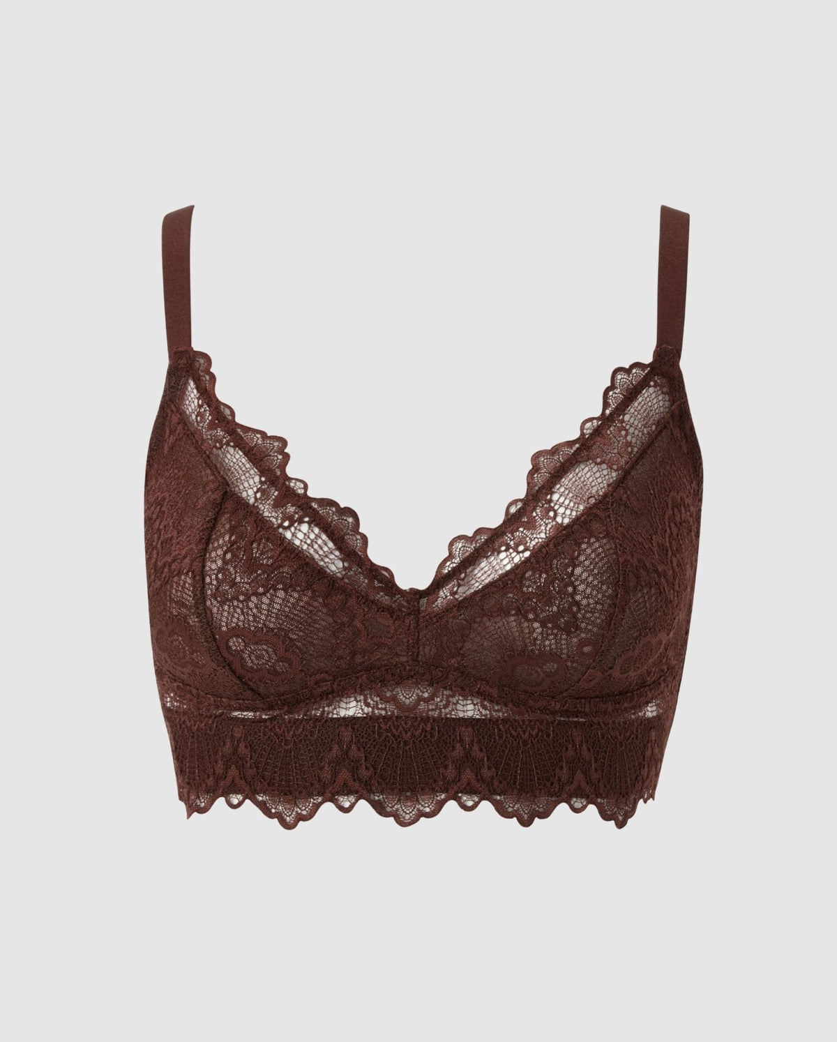 An supportive lace Bralette in an coffee color for larger cups with extra coverage and adjustable straps.