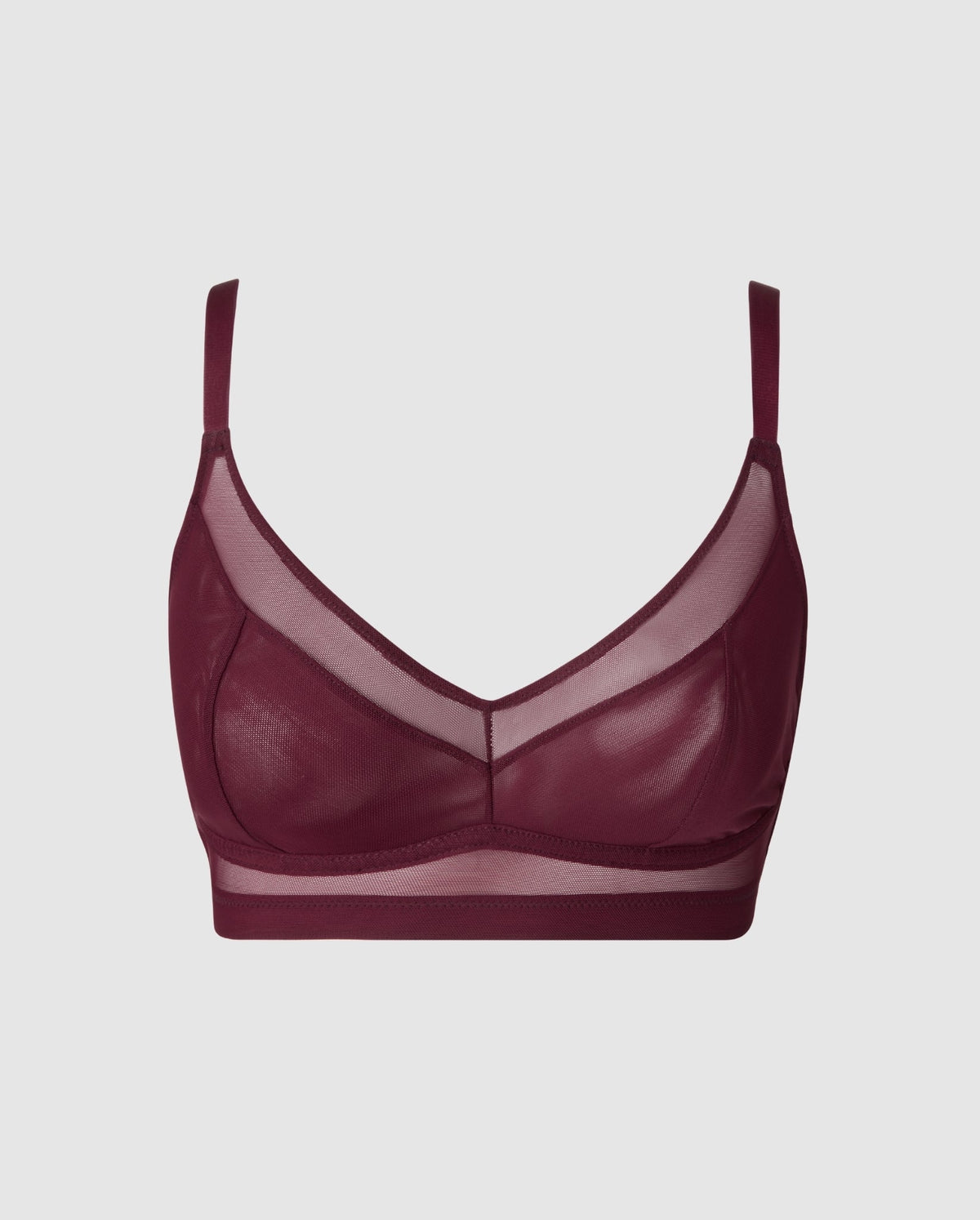 An supportive mesh Bralette in an cherry color for larger cups with full coverage and adjustable straps for comfort and support.