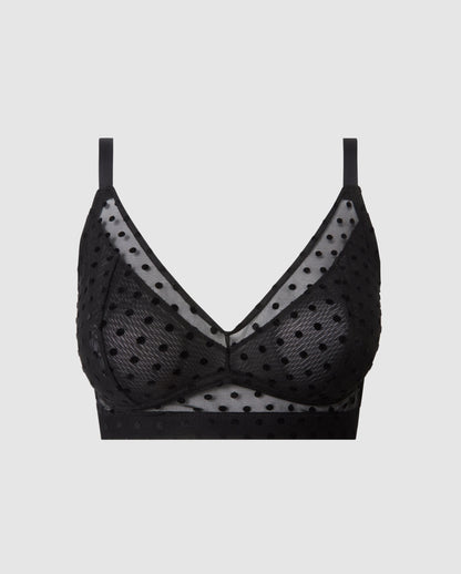 An supportive mesh Bralette in a black color with an dotted design for larger cups with full coverage and adjustable straps for comfort and support.