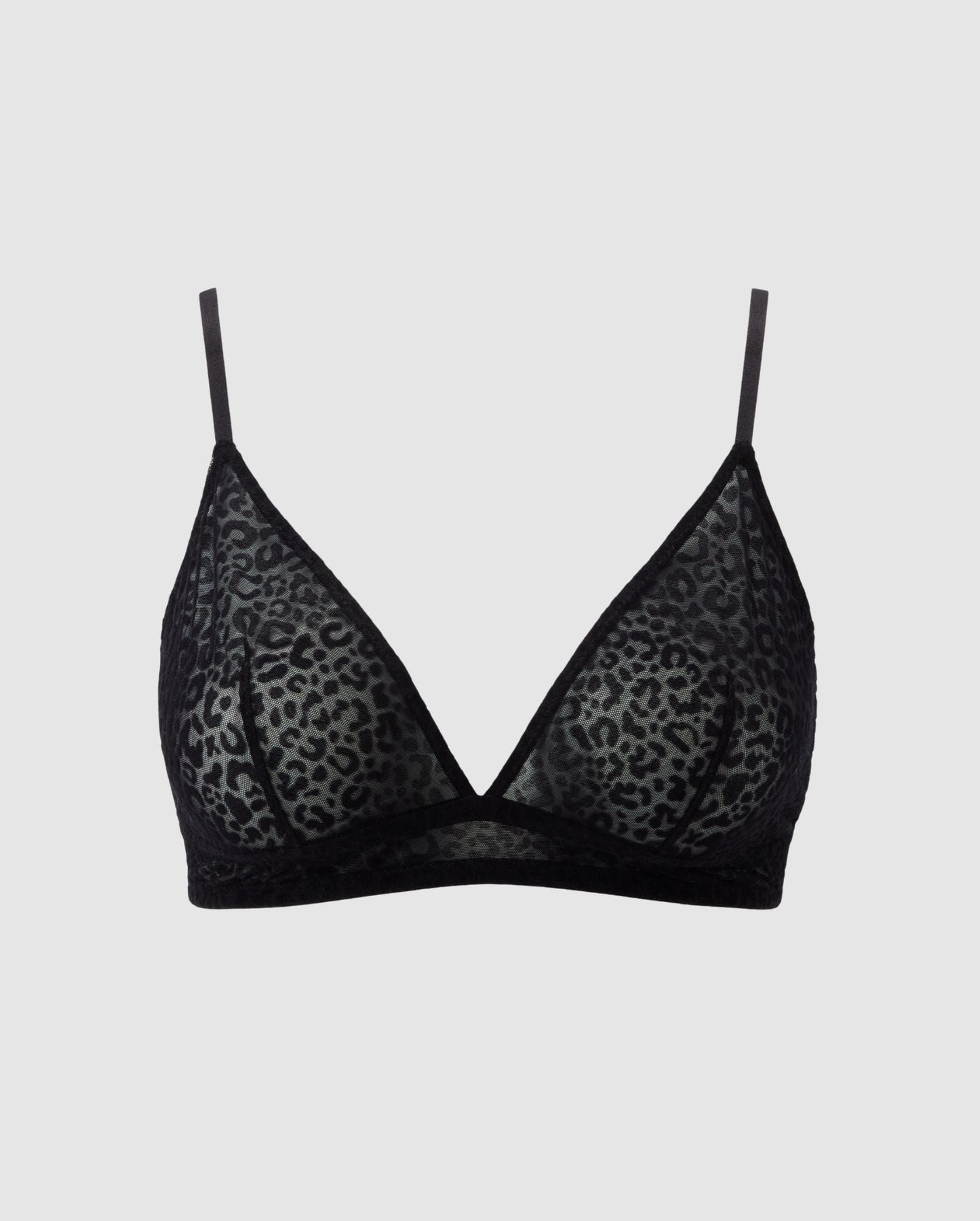 An black leopard, triangle shaped bralette in mesh.