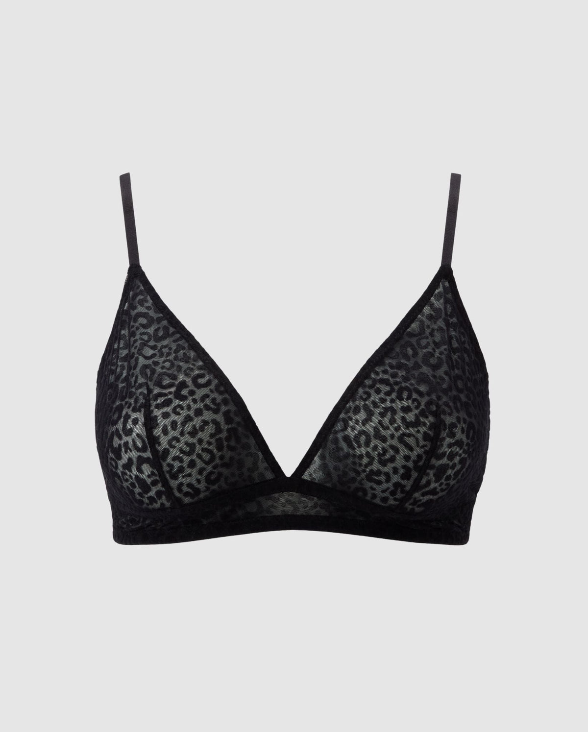 An black leopard, triangle shaped bralette in mesh.