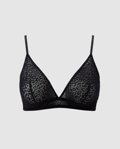An black leopard, triangle shaped bralette in mesh.