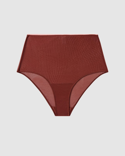 An High-waist Mesh Bikini brief with a rust design. 