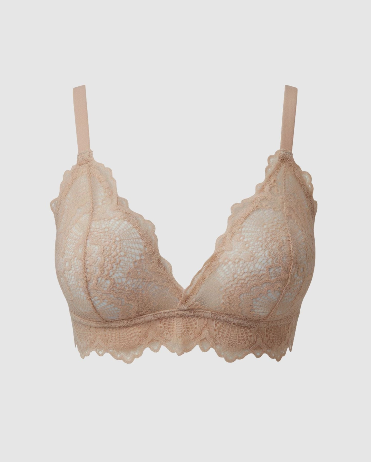 An lace triangle shaped bralette with extra support in the color warm beige.