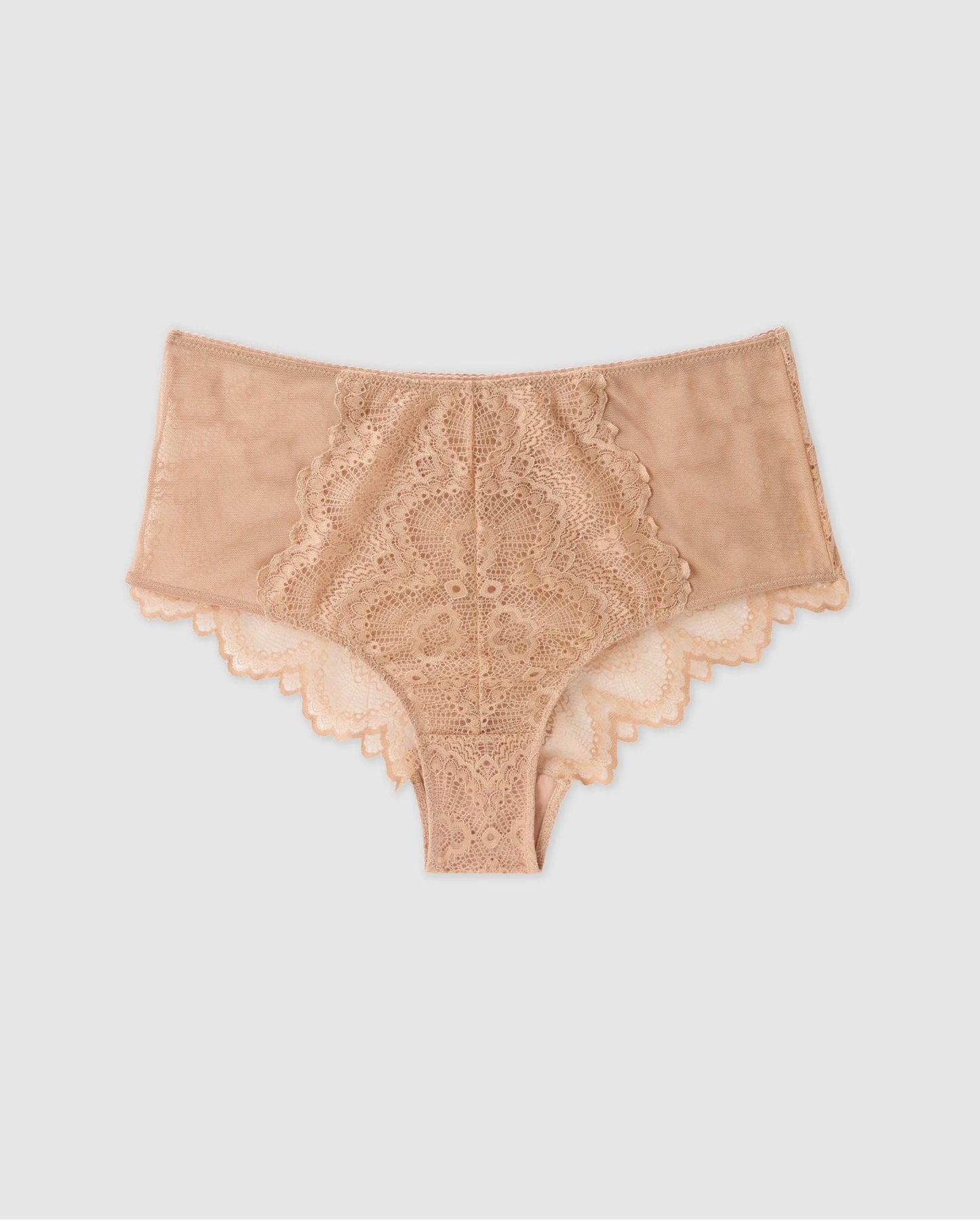 An highwaist lace Bikini brief with a warm beige design.  