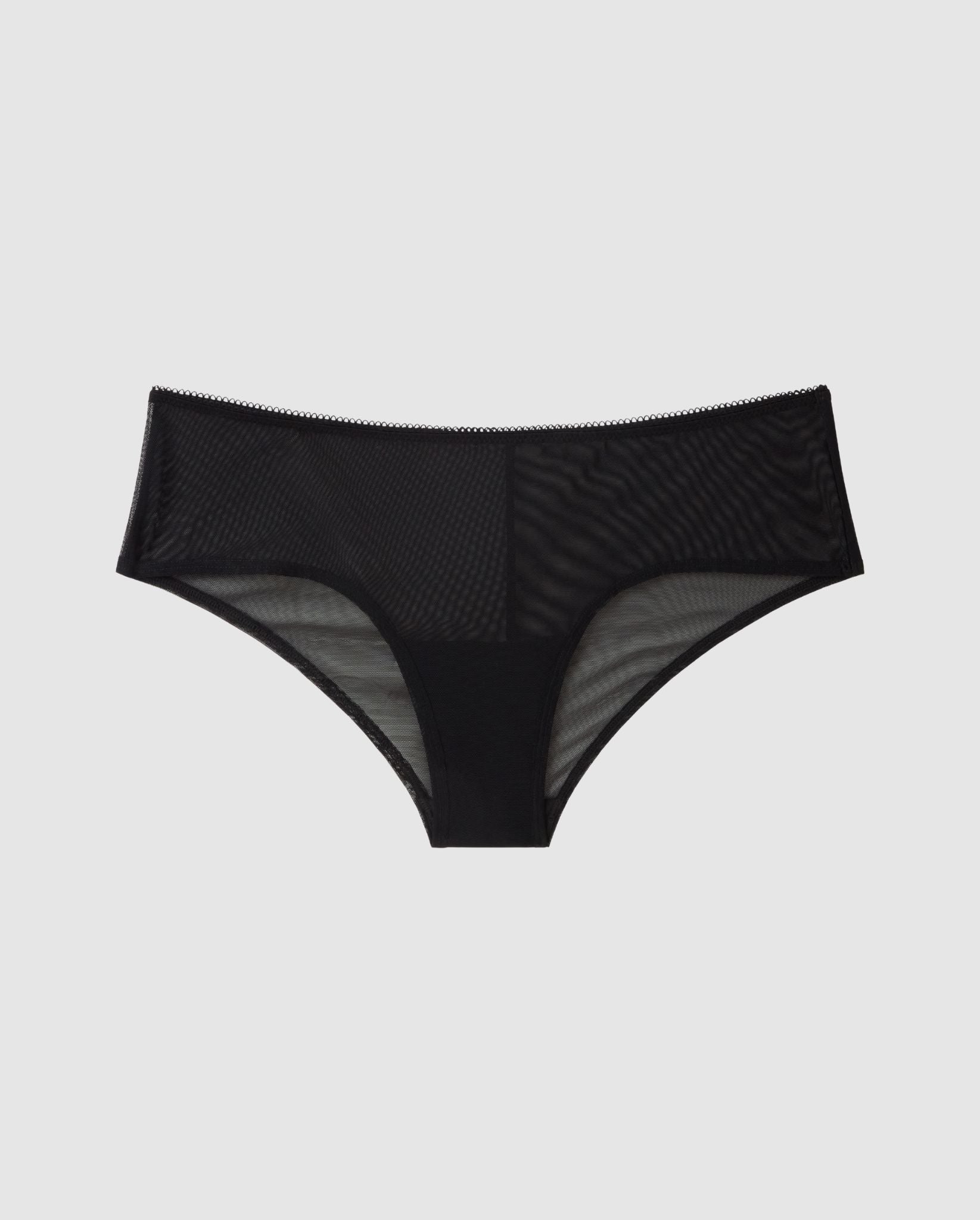 An mid-rise low waist design in mesh with the color black.