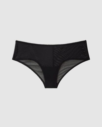 An mid-rise low waist design in mesh with the color black.