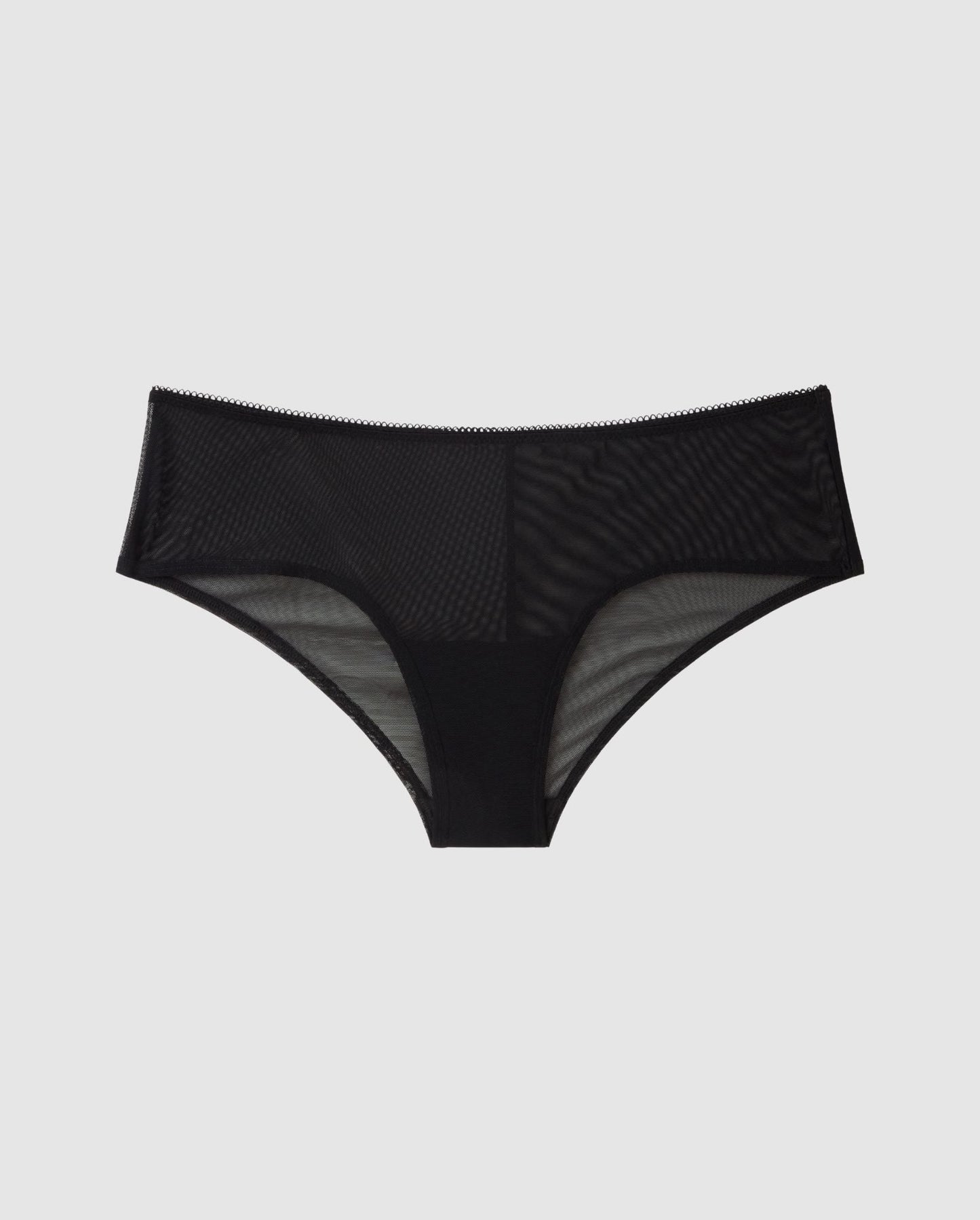 An mid-rise low waist design in mesh with the color black.