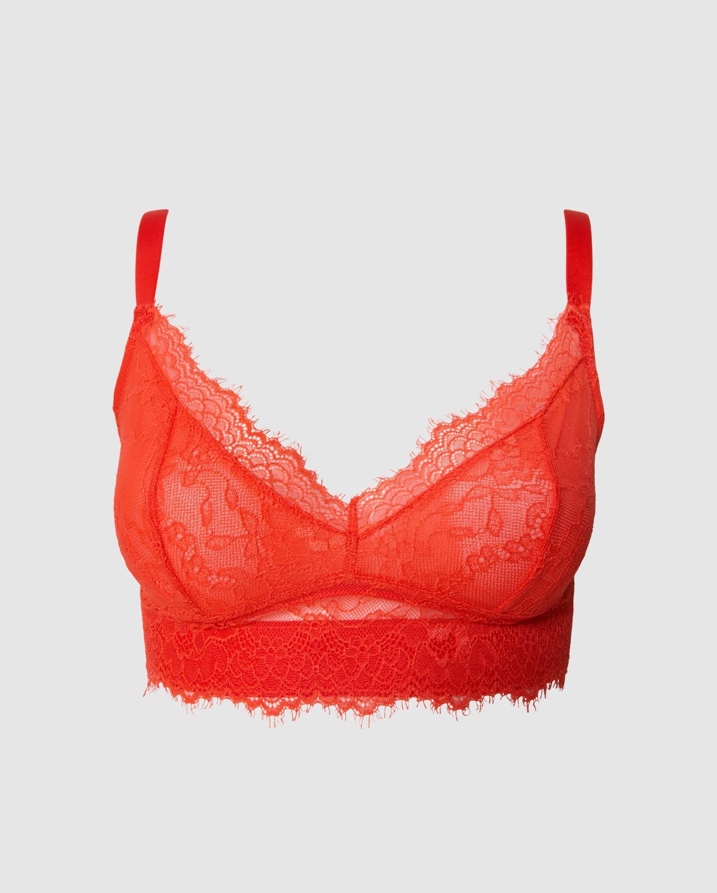 An supportive lace Bralette in an red color for larger cups with extra coverage and adjustable straps.