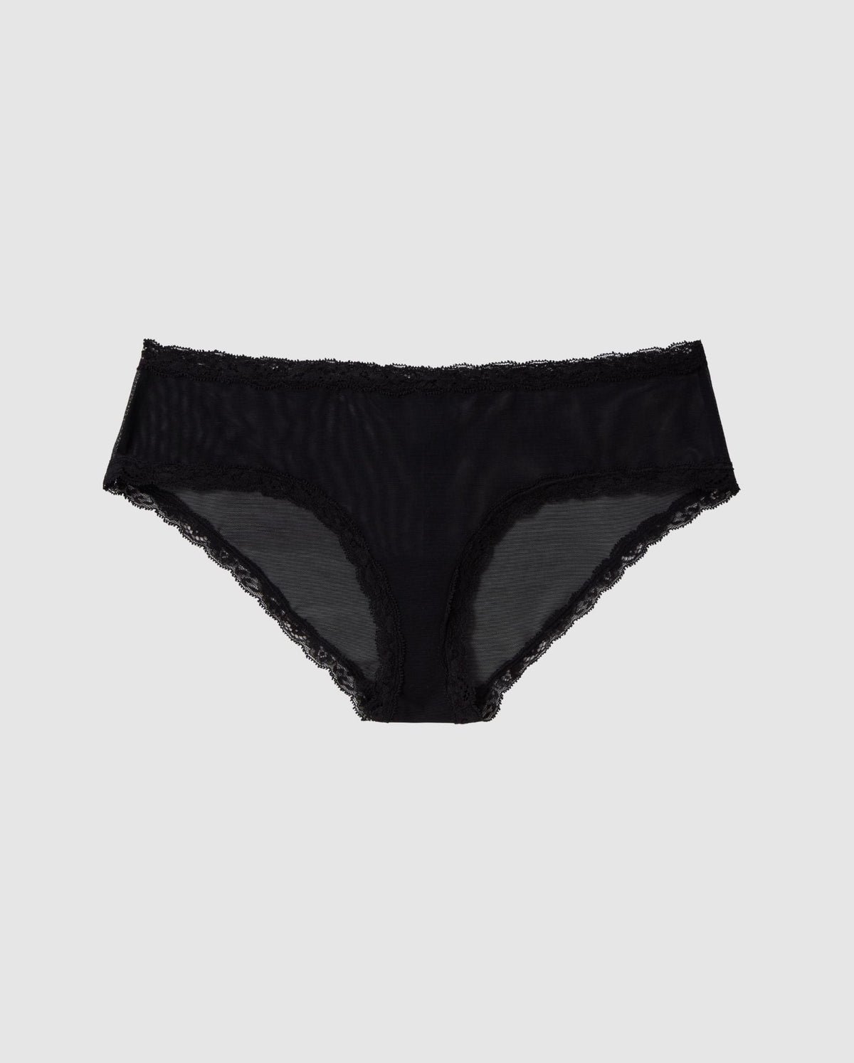 An mid-rise low waist design in mesh with an lace trim, the color black.