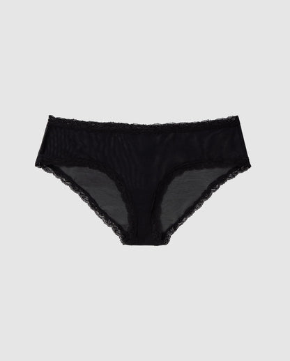 An mid-rise low waist design in mesh with an lace trim, the color black.