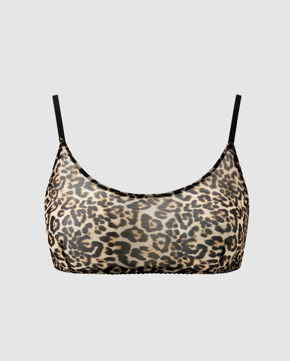 An medium cover scoop bralette in lace with an leopard print design.  