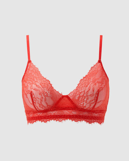 An lace triangle scoop bralette in the color red.