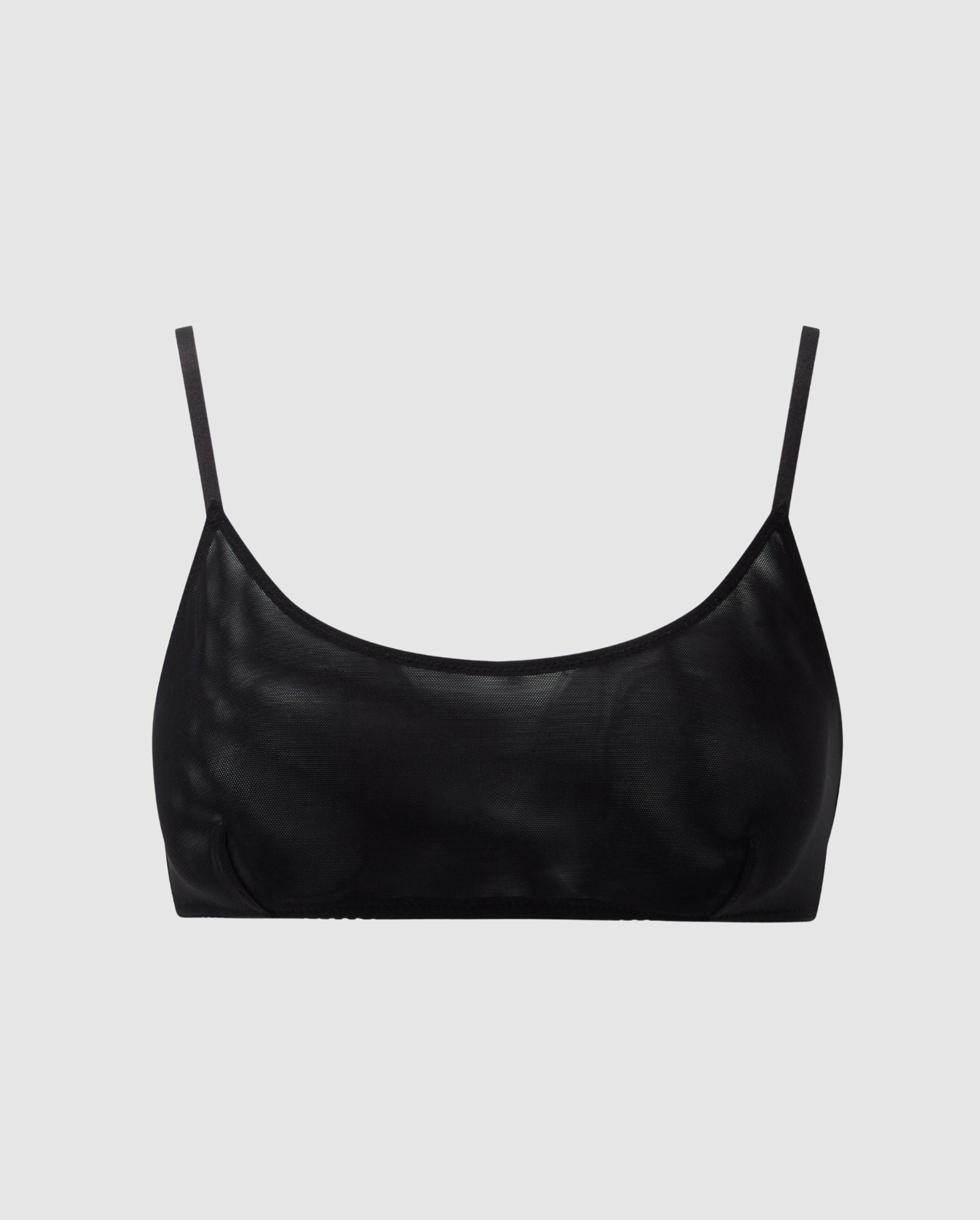 An medium cover scoop bralette in mesh with an black design. 
