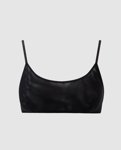 An medium cover scoop bralette in mesh with an black design. 
